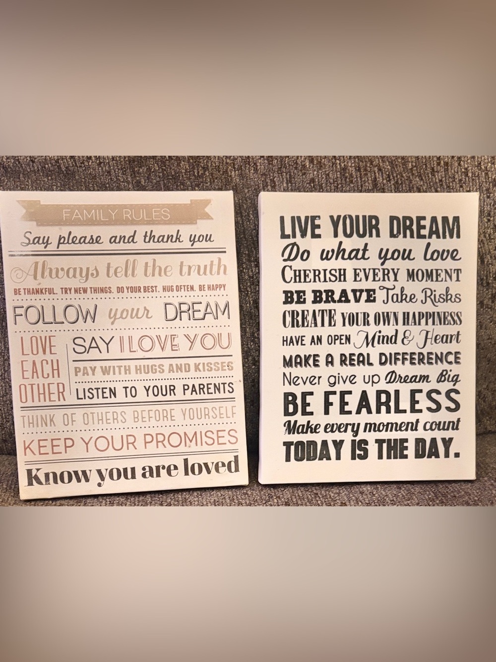 Family Rules & Live Your Dream Wall Art Set - Neutral Beige and Black